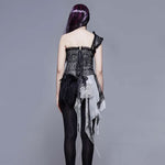 Black And Silver Irregular Chiffon Lace And Ruffles Hem Corset With Shoulder Strap