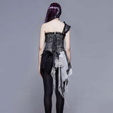Black And Silver Irregular Chiffon Lace And Ruffles Hem Corset With Shoulder Strap