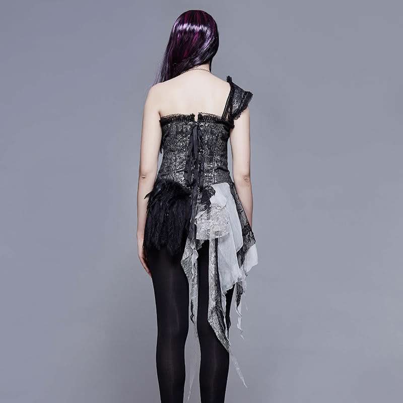 Black And Silver Irregular Chiffon Lace And Ruffles Hem Corset With Shoulder Strap