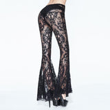 Sexy Women Transparent Lace Bell Bottoms Pants With Bead Chain