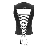 Zipper Up Hollow Out Lace Up Punk Women Black Leather Vests With Loops