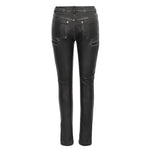 Punk Biker Block Shaped Patchwork Hand Rubbed Gray Women Leather Pants