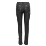 Punk Biker Block Shaped Patchwork Hand Rubbed Gray Women Leather Pants