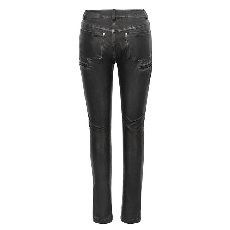Punk Biker Block Shaped Patchwork Hand Rubbed Gray Women Leather Pants