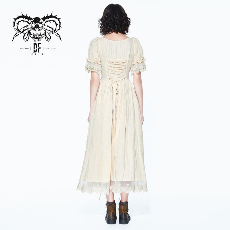 Creamy White Steampunk Victoria Vintage Drawstring Embroidered Lace Women Long Dress