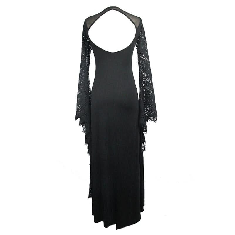 Gothic Purple Positioning Flower Elegant Women Lace Flared Long Sleeves Dress