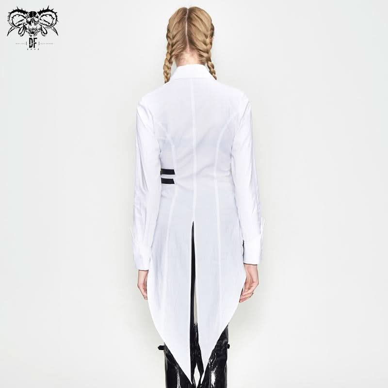Everyday Asymmetric White Punk Women Cotton Long Blouse With Dovetail