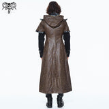 Double Sleeves Steampunk Brown Leather Hooded Men Long Coat