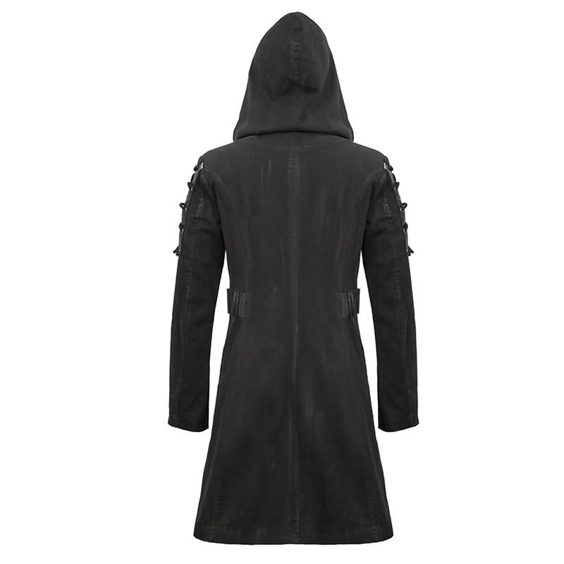 Hand Painted Faded Steampunk Denim Tattered Hooded Coat For Men
