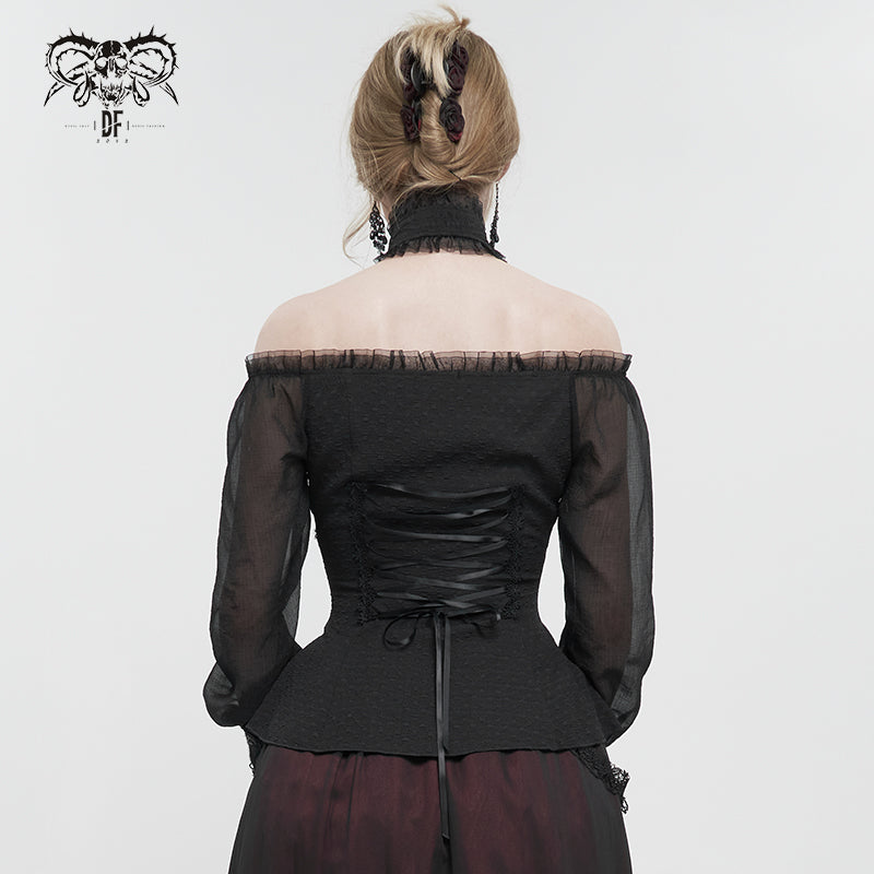 'Kiss Me Goodbye' Gothic Off-Shoulder Peplum Top (Black)