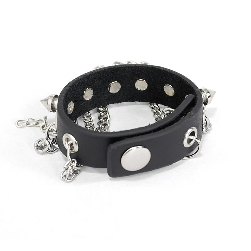 Punk Women Adjusted Size Spiked Leather Bracelet With Chains