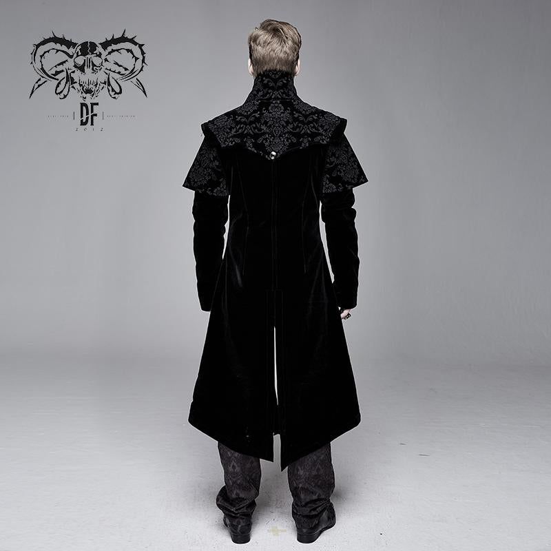 Hand Embroidered Cape Collar Black Velveteen Gothic Coat For Men