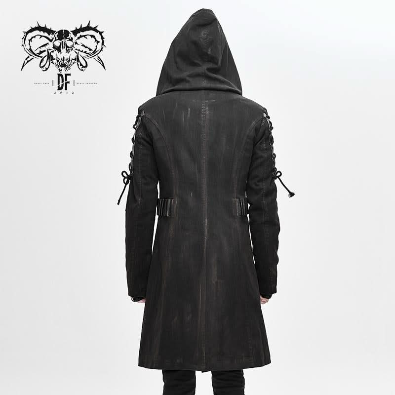 Hand Painted Faded Steampunk Denim Tattered Hooded Coat For Men