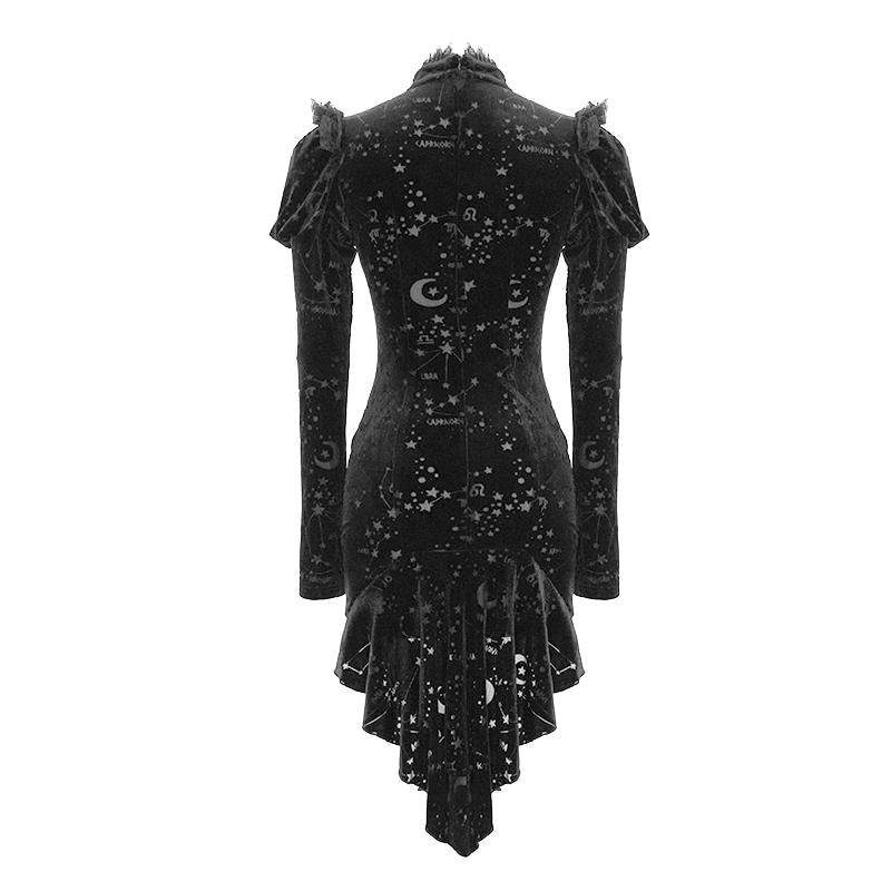 Daily Stars And Moon Pattern Long Sleeves Stand Collar Sexy Ladies Velvet Dress With Bow Tie