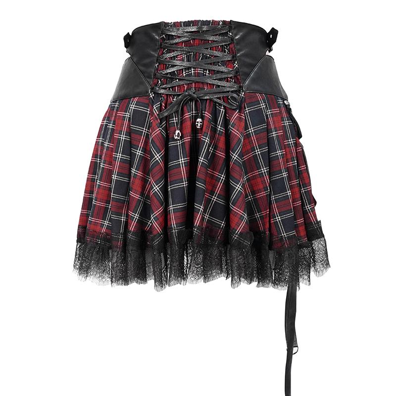 Daily Black And Red Young Girls Punk Lace Up Scottish Plaid Tartan Skirts With Bag