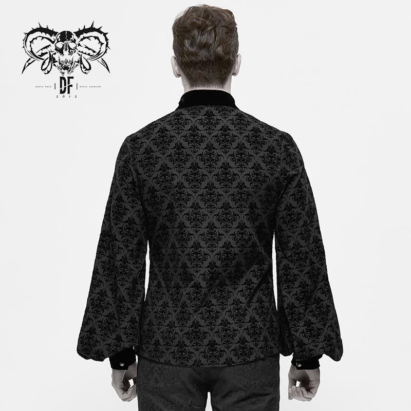 Gothic Black Court Pattern Flocking Floral Patterned Men Basic Style Velvet Shirts