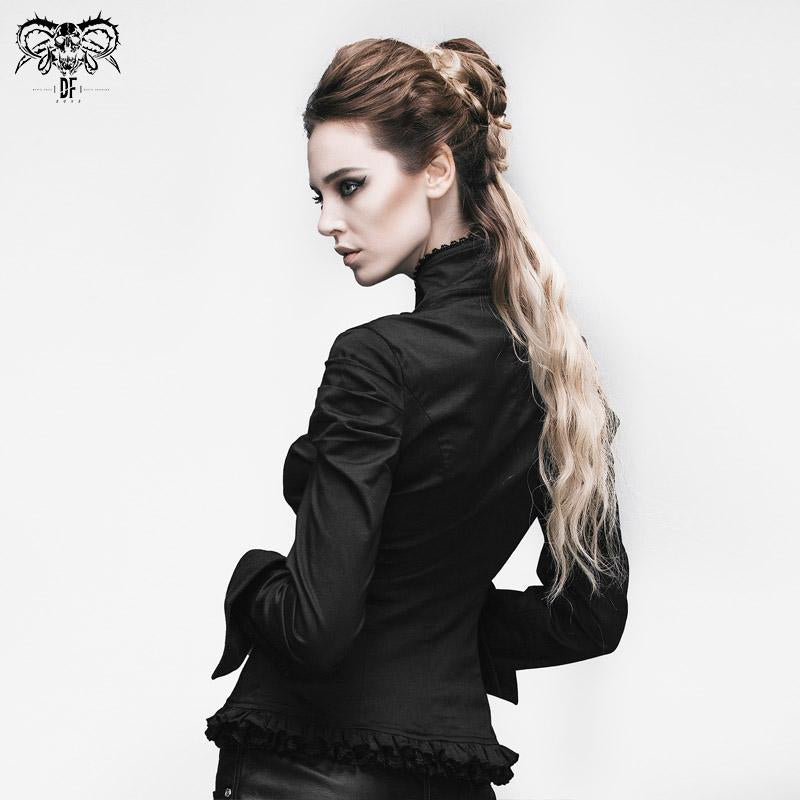 Women Small Collar Pleated Sleeves Everyday Wear Black Elastic Blouse With Bead Pins