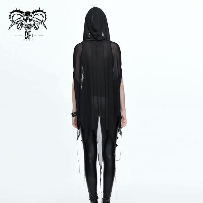 Ca008 Black Women Punk Hooded Mesh Bat Shawl