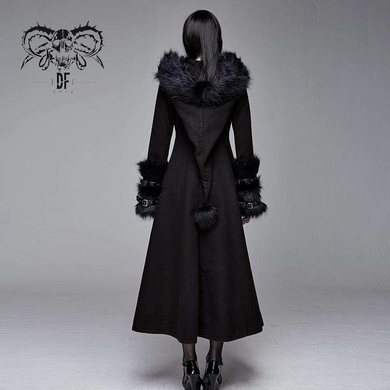 Winter Sexy Women Black Gothic Double Faced Woolen Hooded Long Coat With Fur