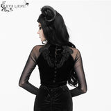 Rose Embossed Small Stand Collar Lace Sleeves Velvet Sexy Women T Shirt