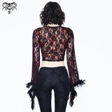 Daily Wine Flocking Pattern Rose Mesh Horn Sleeves Sexy Women Stretchy Lace Short Tops