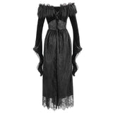 Gothic Off Shoulder Lace Pleated Sexy Women Formal Long Dress With Fur Collar