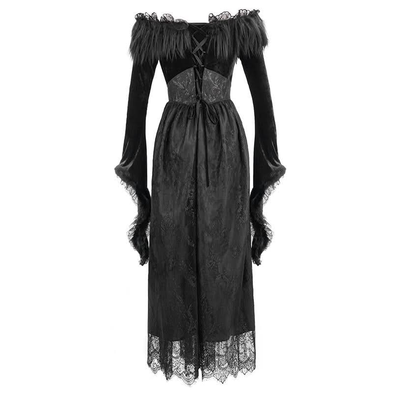Gothic Off Shoulder Lace Pleated Sexy Women Formal Long Dress With Fur Collar