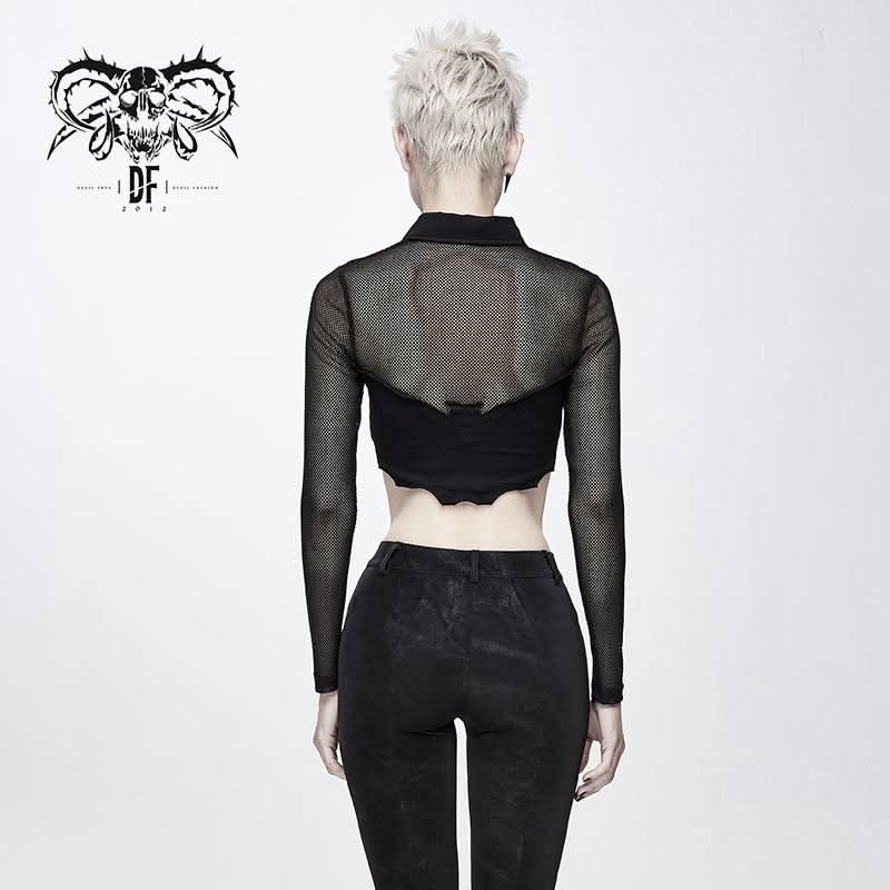 Everyday Summer Bat Collar Hollow Out Mesh Long Sleeves Women Midriff Baring Tops