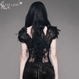 Gothic Adjustable Steel Buckles Fishbone Transparent Lace Corset With Feather Flowers
