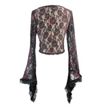 Daily Wine Flocking Pattern Rose Mesh Horn Sleeves Sexy Women Stretchy Lace Short Tops