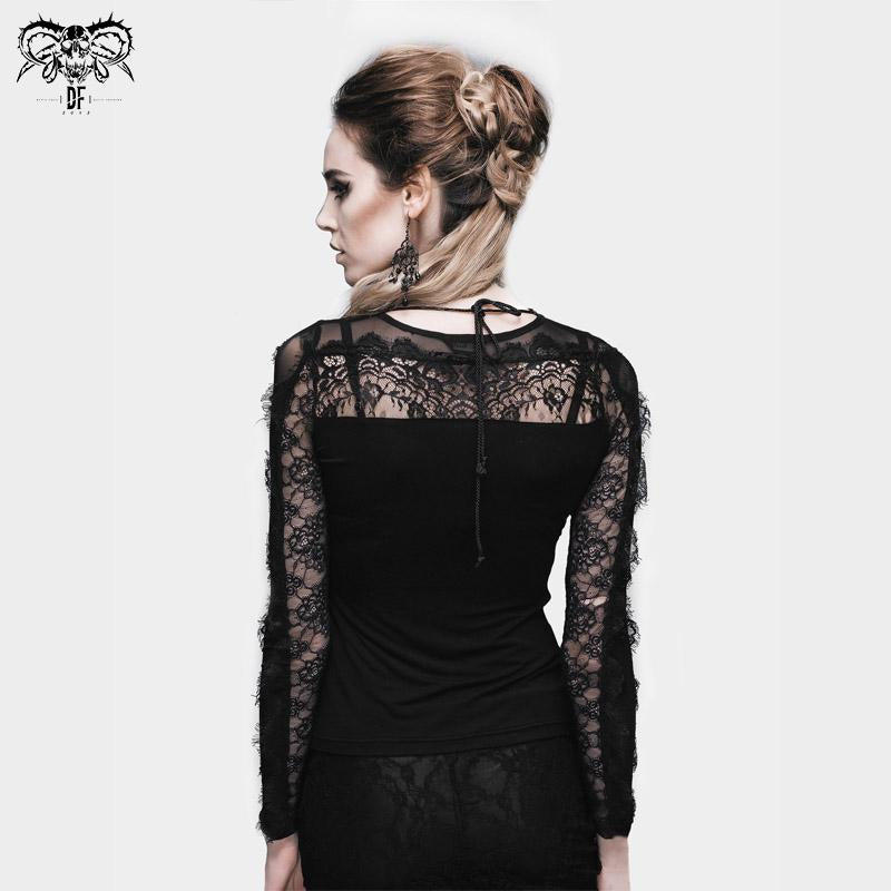 Daily Life Gothic Pattern Lace Sleeves Tied With Rope Sexy Women T Shirts