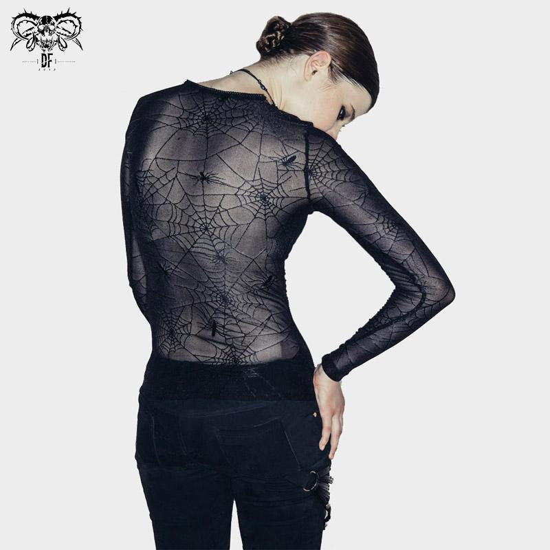 Elastic Spider Web Round Collar Knitted Sexy Transparent Back Women Thin T Shirt
