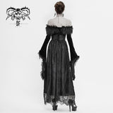 Gothic Off Shoulder Lace Pleated Sexy Women Formal Long Dress With Fur Collar