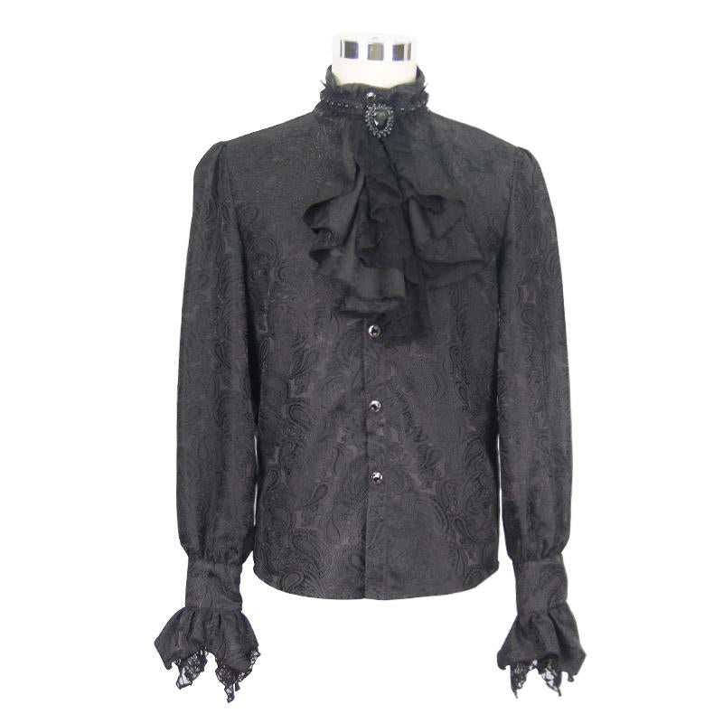 Paisley Jacquard Shining Black Rose Lace Cuff Gothic Men Shirts With Bow Tie