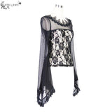 Transparent Rose Lace Horn Sleeves Big Round Neck Sexy Women Stretchy T Shirt