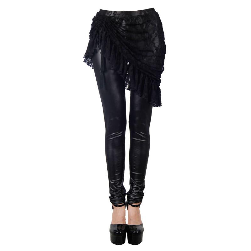 Daily Sexy Women Autumn Black Leather Leggings With Rose Lace Skirts