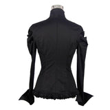 Women Small Collar Pleated Sleeves Everyday Wear Black Elastic Blouse With Bead Pins