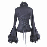Women Gothic Big Flared Sleeves Lace Up Black Cotton Blouse With Necktie