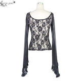 Transparent Rose Lace Horn Sleeves Big Round Neck Sexy Women Stretchy T Shirt