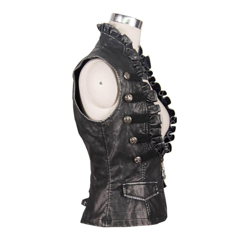 Black And Silver Big Opening Chest Wave Collar Sexy Lady Leather Waistcoats