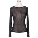 Daily Spider Web Jacquard Classic Style Round Collar Long Sleeve Mesh Women T Shirts