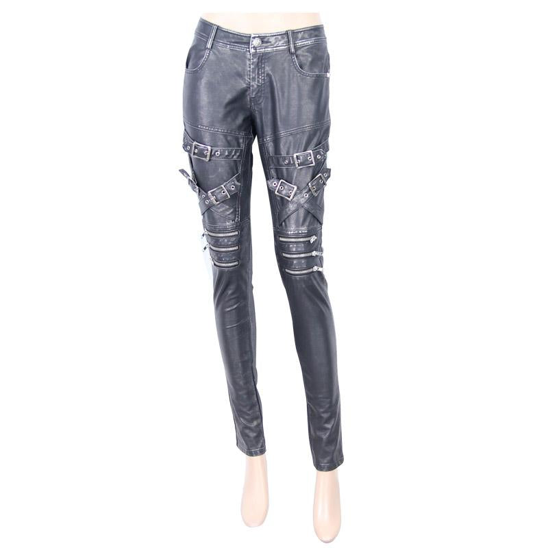 Punk Multi Loops Zipper Black And Silver Hand Rubbed Women Leather Pants
