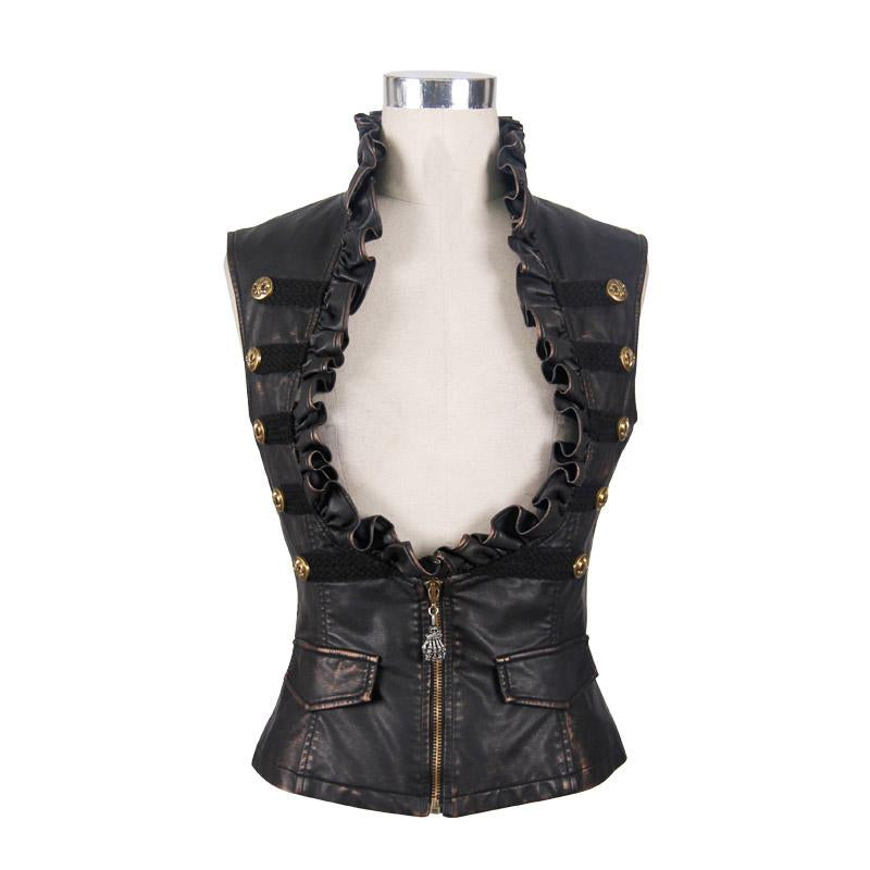 Spring Biker Bronze Bared Breast Wave Collar Lady Steampunk Leather Short Vests
