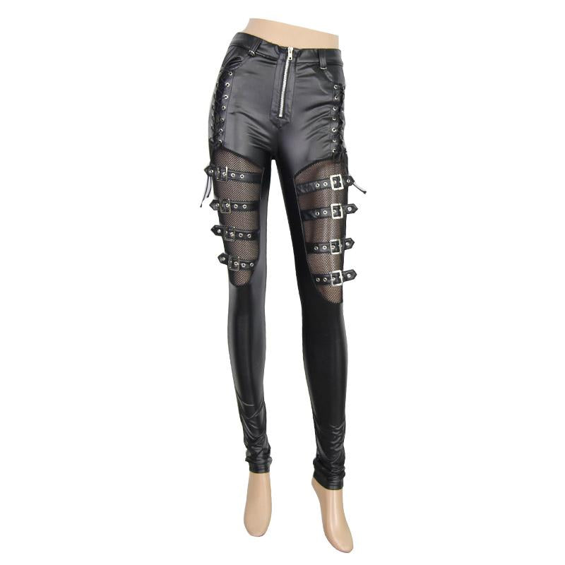 Punk Mesh Thigh Big Elastic Women Biker Leather Pants With Loops