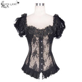 Gothic Adjustable Steel Buckles Fishbone Transparent Lace Corset With Feather Flowers