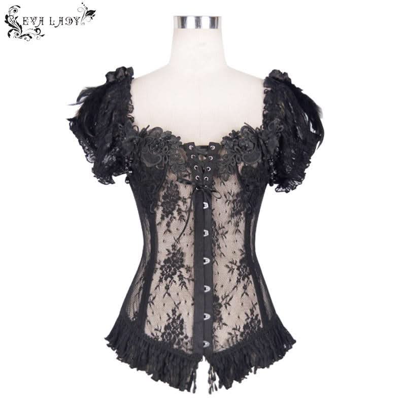Gothic Adjustable Steel Buckles Fishbone Transparent Lace Corset With Feather Flowers