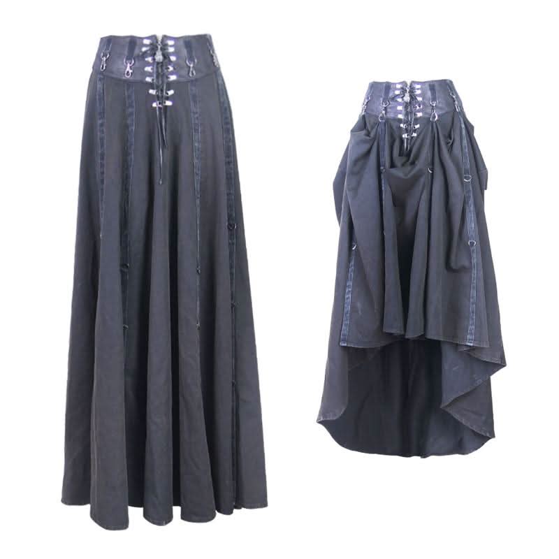 Torn Multiple Wearing Leather Waistband Women Punk Rock Black Flowing Long Half Skirt