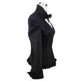 Women Small Collar Pleated Sleeves Everyday Wear Black Elastic Blouse With Bead Pins