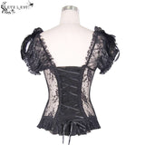 Gothic Adjustable Steel Buckles Fishbone Transparent Lace Corset With Feather Flowers