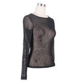 Daily Spider Web Jacquard Classic Style Round Collar Long Sleeve Mesh Women T Shirts
